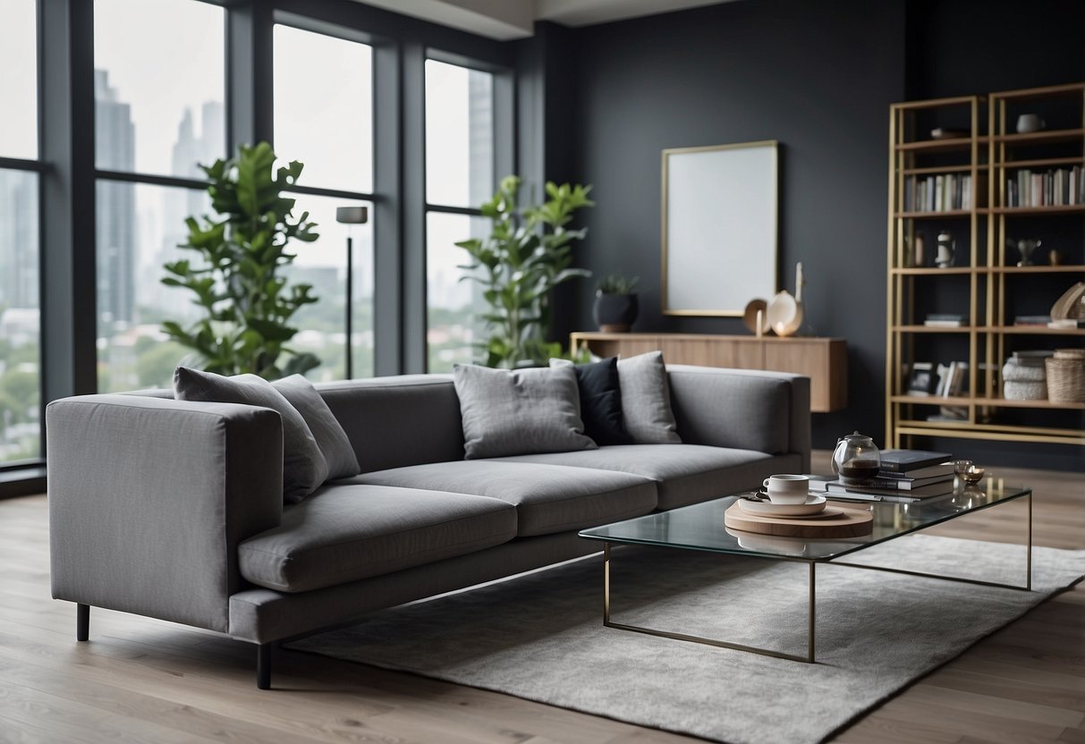 A sleek grey sofa sits opposite a glass coffee table. A contemporary armchair and a minimalist bookshelf complete the modern living room furniture