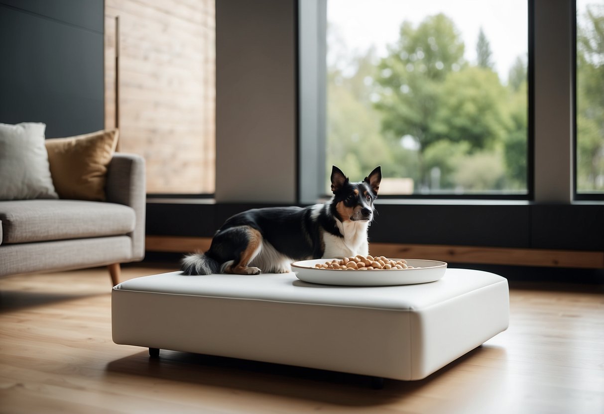 A sleek, minimalist living room with a stylish dog bed, elevated food and water bowls, and a sleek toy storage unit