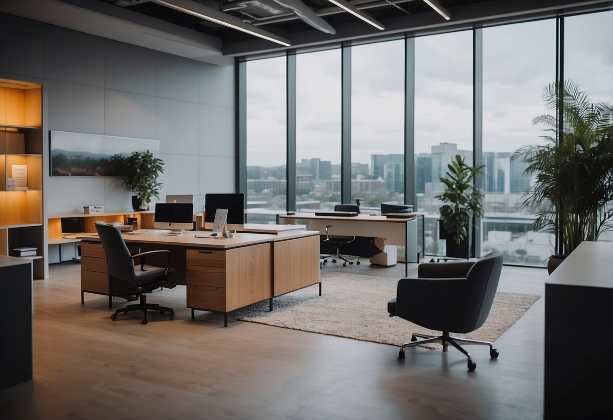 A modern office with sleek furniture, a reception area, and a conference room. A customer service representative assisting a client