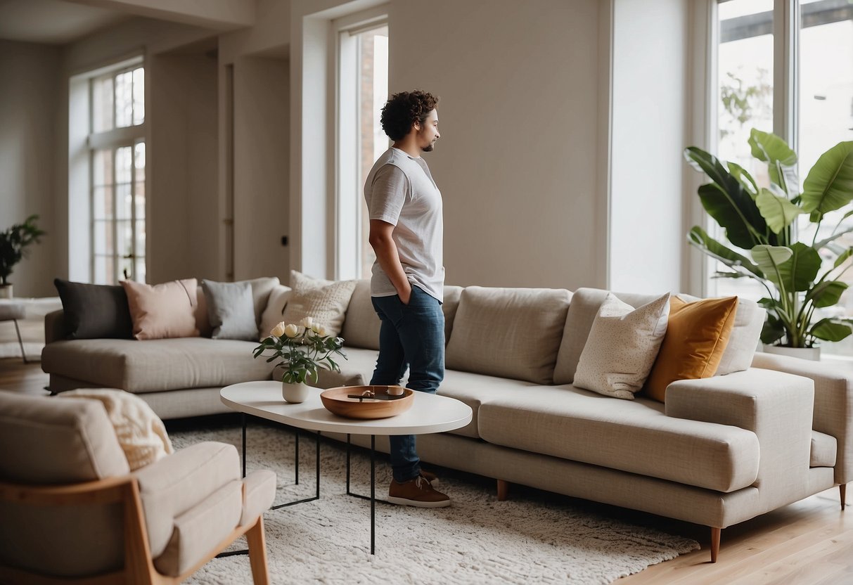A person arranging modern living room furniture in a spacious, well-lit room with clean lines and neutral colors. The furniture includes a sleek sofa, minimalist coffee table, and contemporary accent chairs