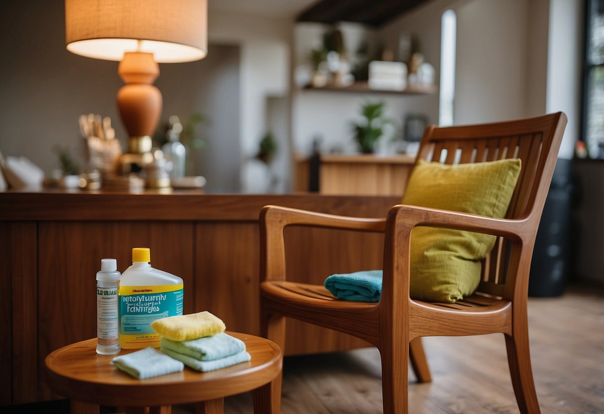 A teak chair with a noticeable stain on the seat, surrounded by various cleaning supplies and a person reading a "How to Remove Stains from Teak Furniture" guide