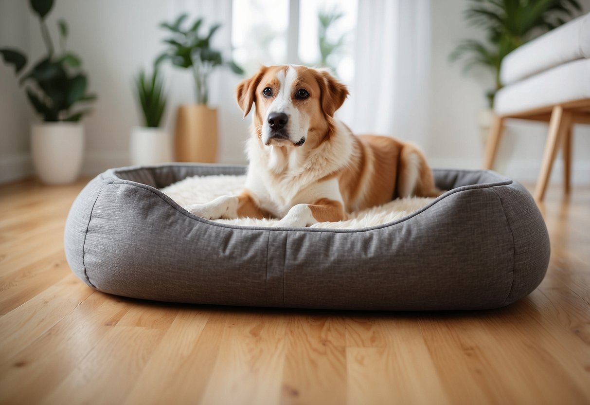 A sleek, modern dog bed sits on a polished wood floor, surrounded by stylish dog toys and accessories. A contemporary dog house with clean lines and a pop of color catches the eye