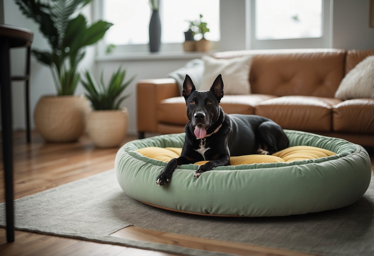 A sleek, modern living room with a stylish dog bed, a trendy dog sofa, and a chic dog dining area