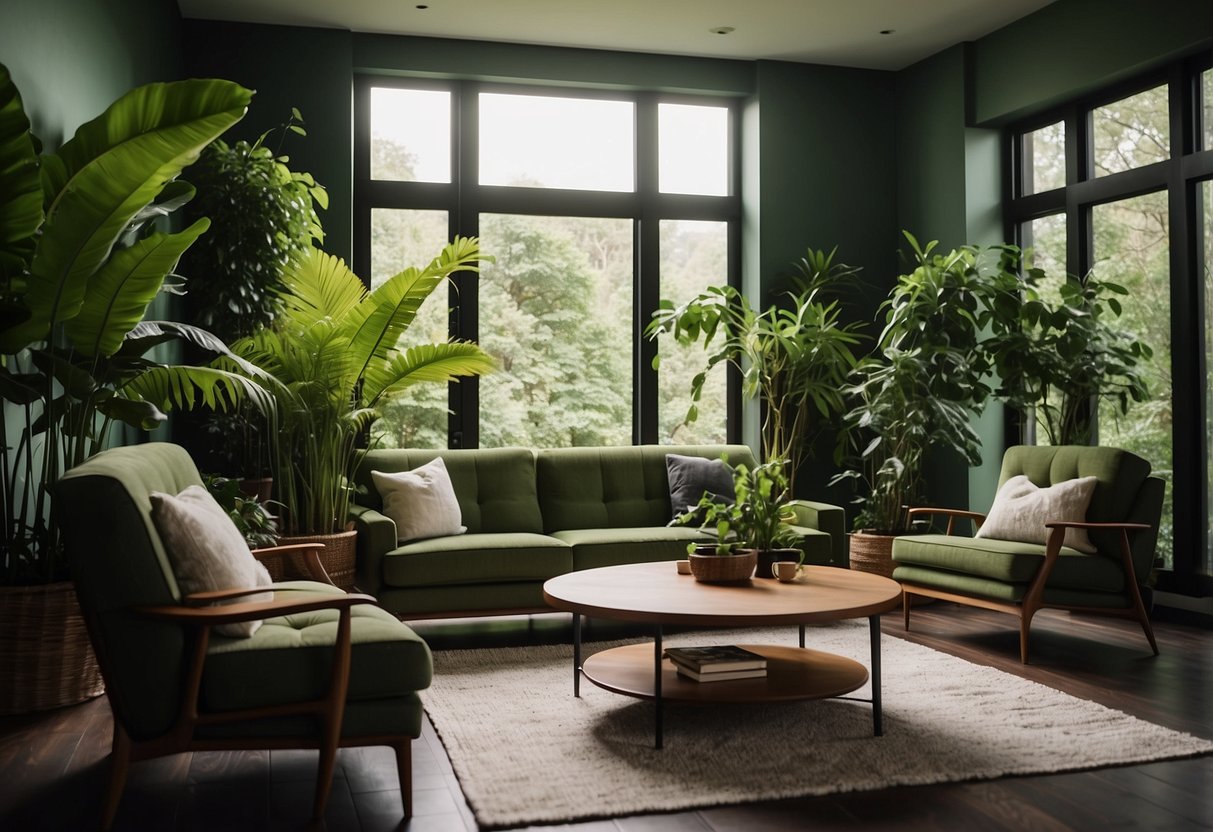 A green living room with a cozy sofa, matching armchairs, and a stylish coffee table. Lush green plants are placed strategically around the room, adding a touch of nature to the space