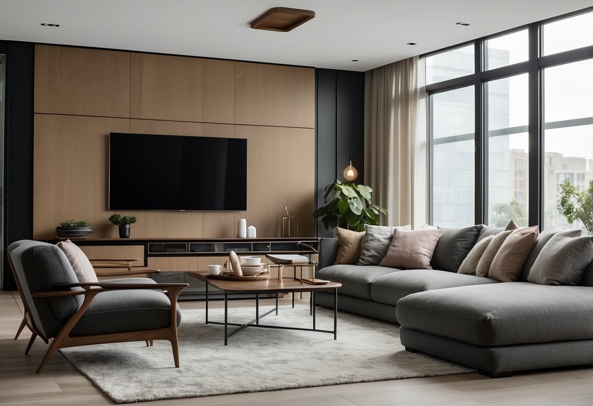A modern living room with sleek furniture, clean lines, and neutral colors. A large sectional sofa, a minimalist coffee table, and a wall-mounted TV create a stylish and functional space