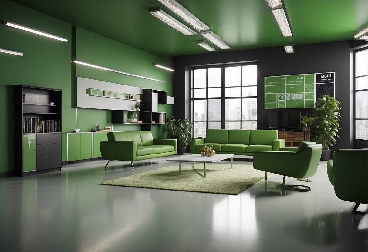 A bright green room with modern furniture and various FAQ signs displayed on the walls