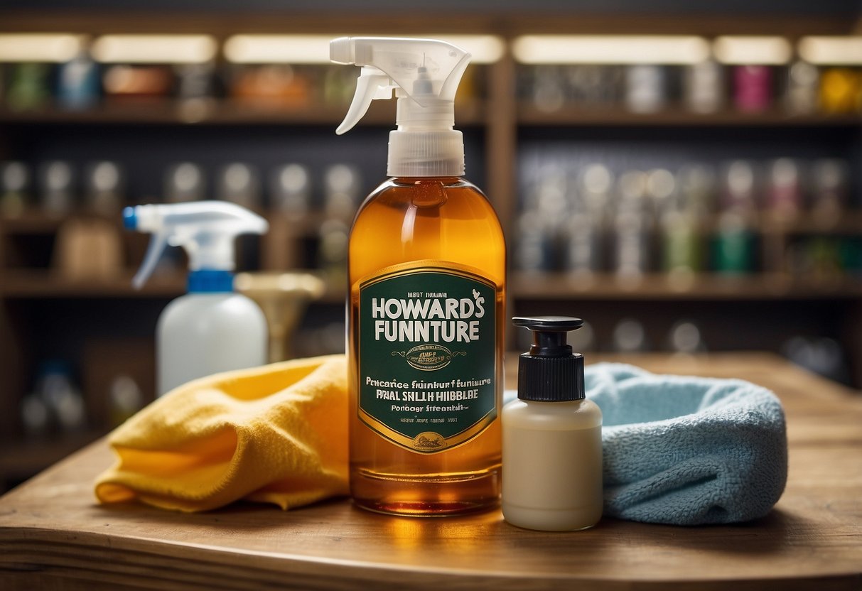 A bottle of Howard's furniture polish sits on a wooden shelf in a well-lit store, surrounded by other cleaning products