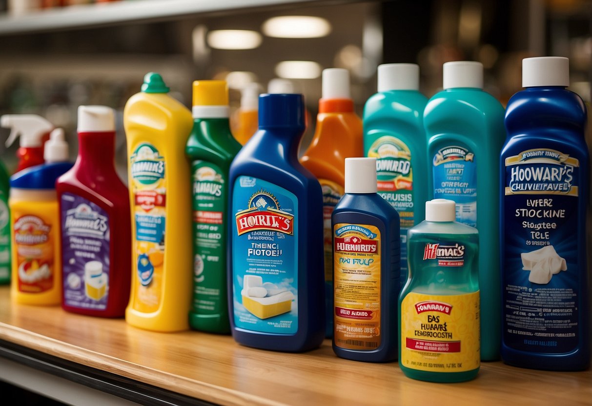 A bright, organized store shelf displays Howard's Furniture Polish alongside other cleaning products. The label prominently features the product name and a clear call-to-action for customers to purchase