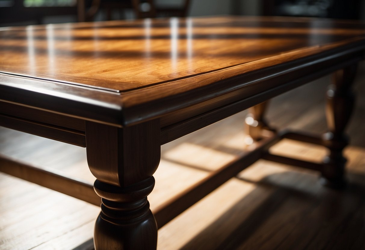 A wooden table gleams under the light, reflecting the surroundings, after being polished with Howard's Furniture Polish