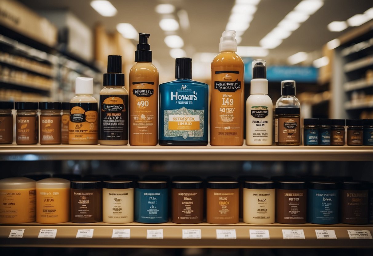 A shelf with various Howard's Furniture Polish products displayed in a store, with a sign indicating "Where to Buy" above the products