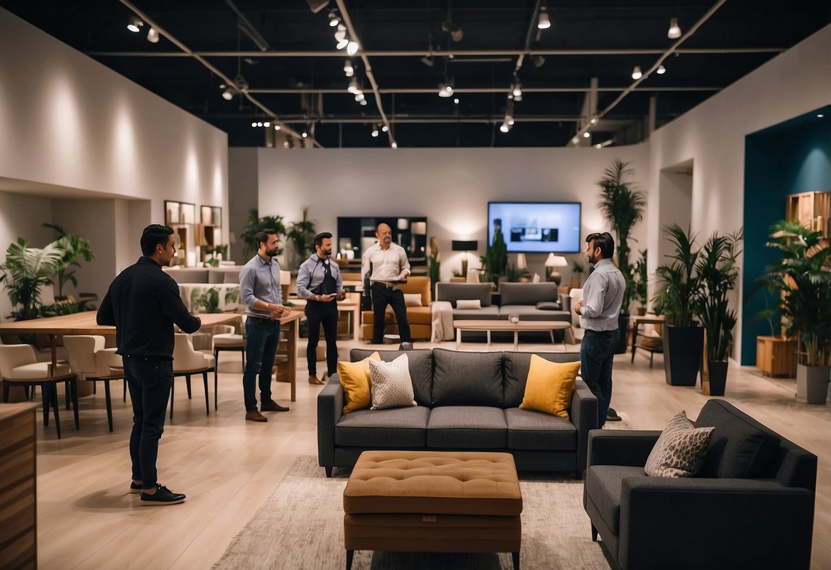 People purchase furniture in a bustling showroom with various styles and designs on display, while sales representatives assist customers