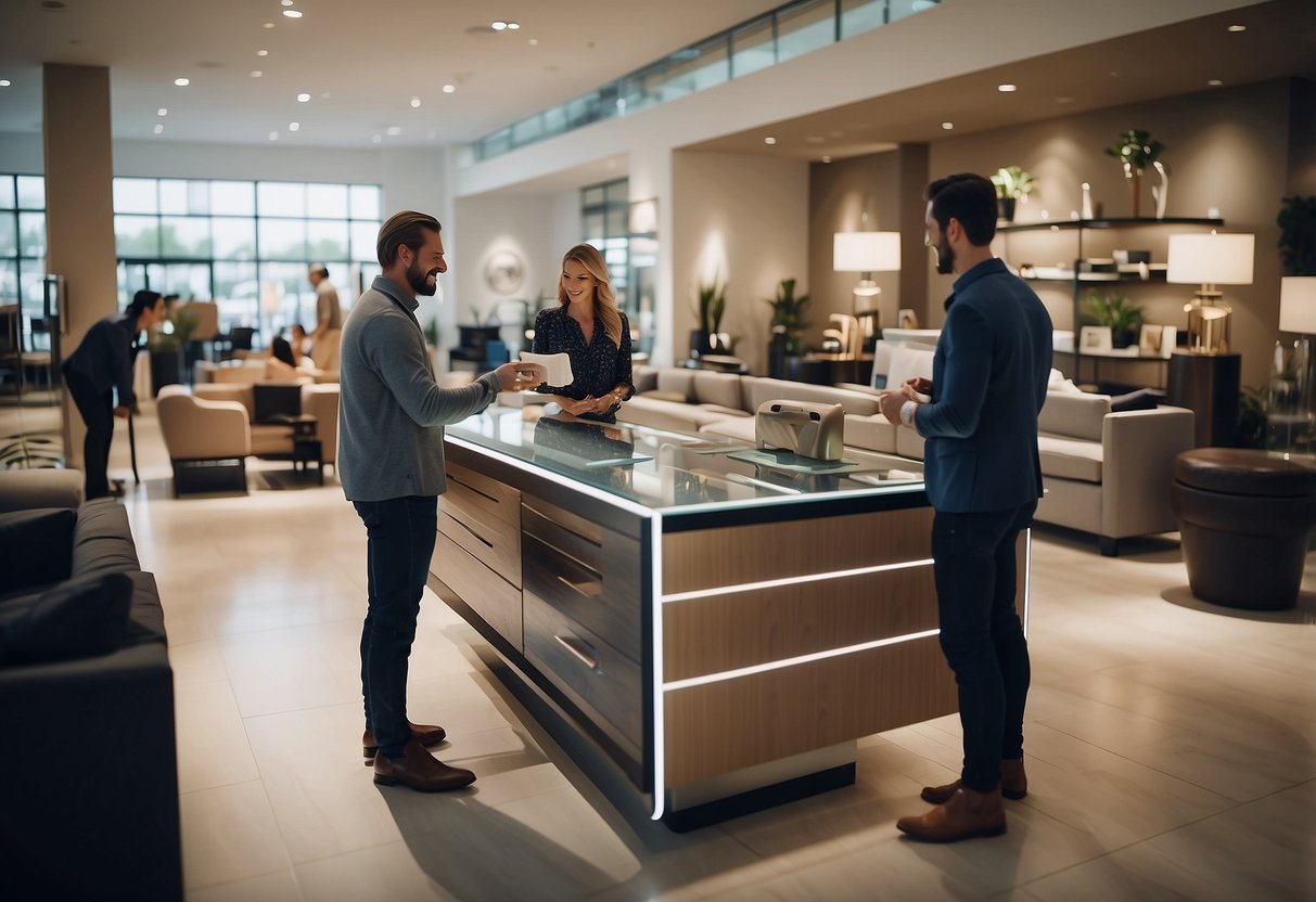 Customers browsing furniture in a well-lit showroom with various styles and designs on display, sales representatives assisting, and a busy checkout counter