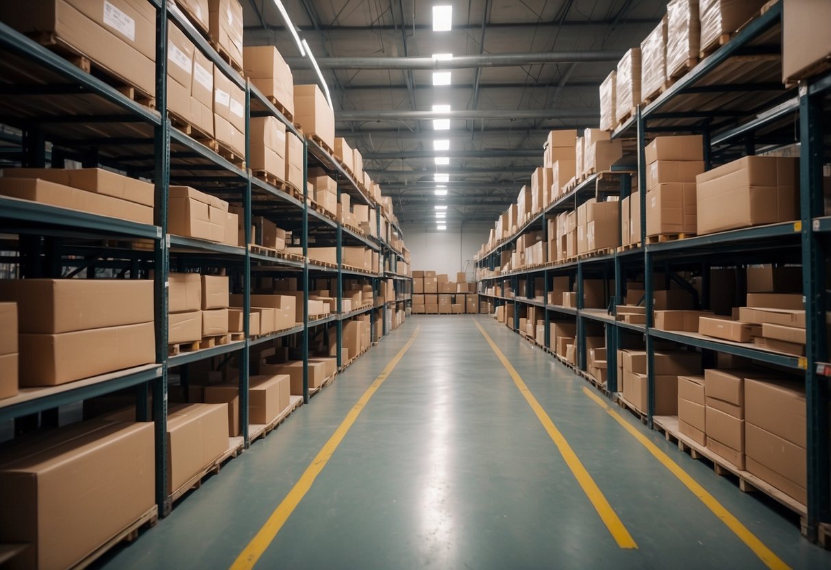 A spacious warehouse stores various furniture items neatly arranged on shelves and racks