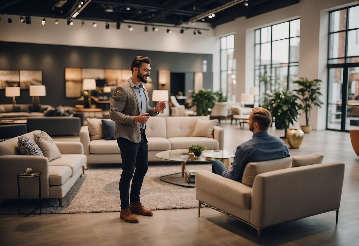 A customer browses a showroom, comparing styles and prices of sofas, tables, and chairs. A salesperson assists, pointing out features and answering questions