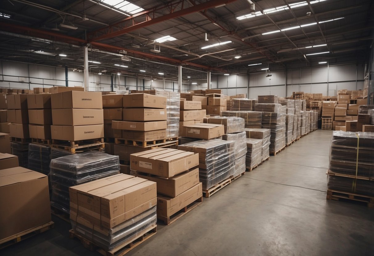 Piles of neatly stacked furniture fill the spacious warehouse, organized into sections with clear signage for easy navigation