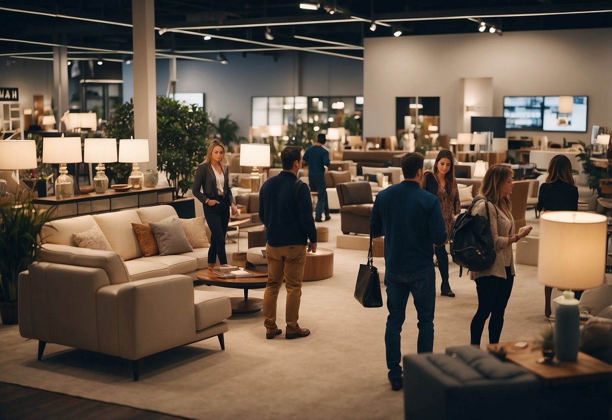 Customers browsing furniture displays, reading price tags, and asking sales associates questions in a busy showroom
