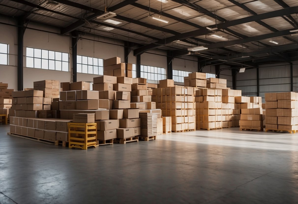 Furniture neatly stacked in a spacious warehouse, labeled and organized for easy access