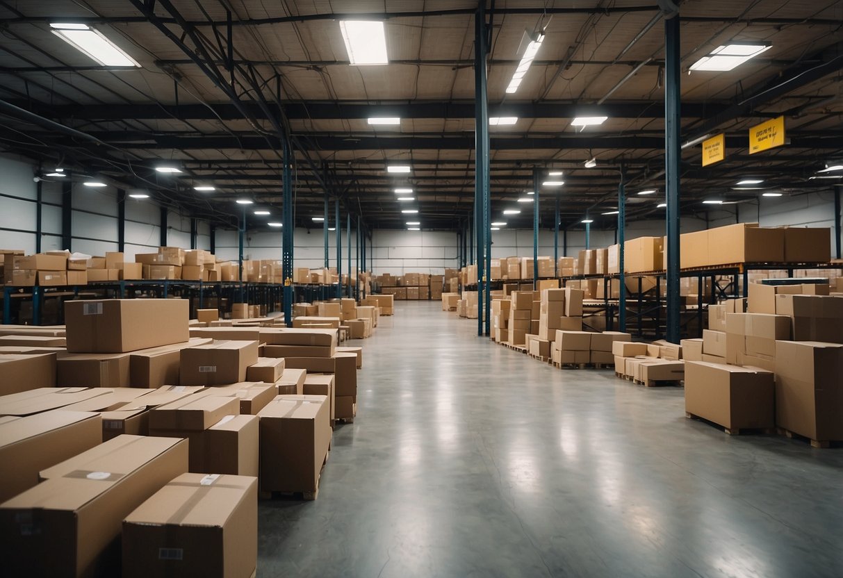 A warehouse filled with neatly stacked furniture, labeled with "Frequently Asked Questions" signs