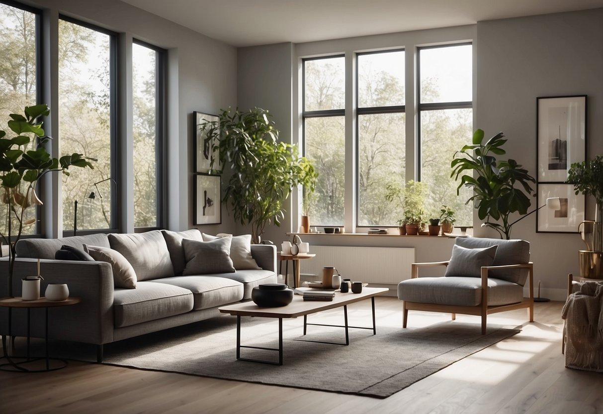 A modern living room with sleek, minimalist IKEA furniture arranged in a clean and organized manner, with natural light streaming in through large windows