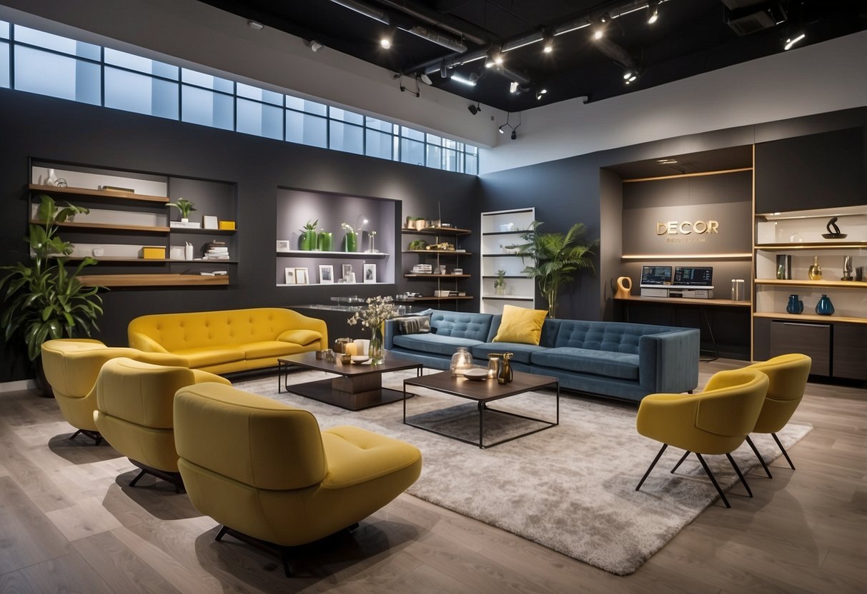 The Mr. Decor furniture gallery showcases modern, sleek designs with clean lines and bold colors. The showroom is well-lit and spacious, with furniture arranged in stylish vignettes