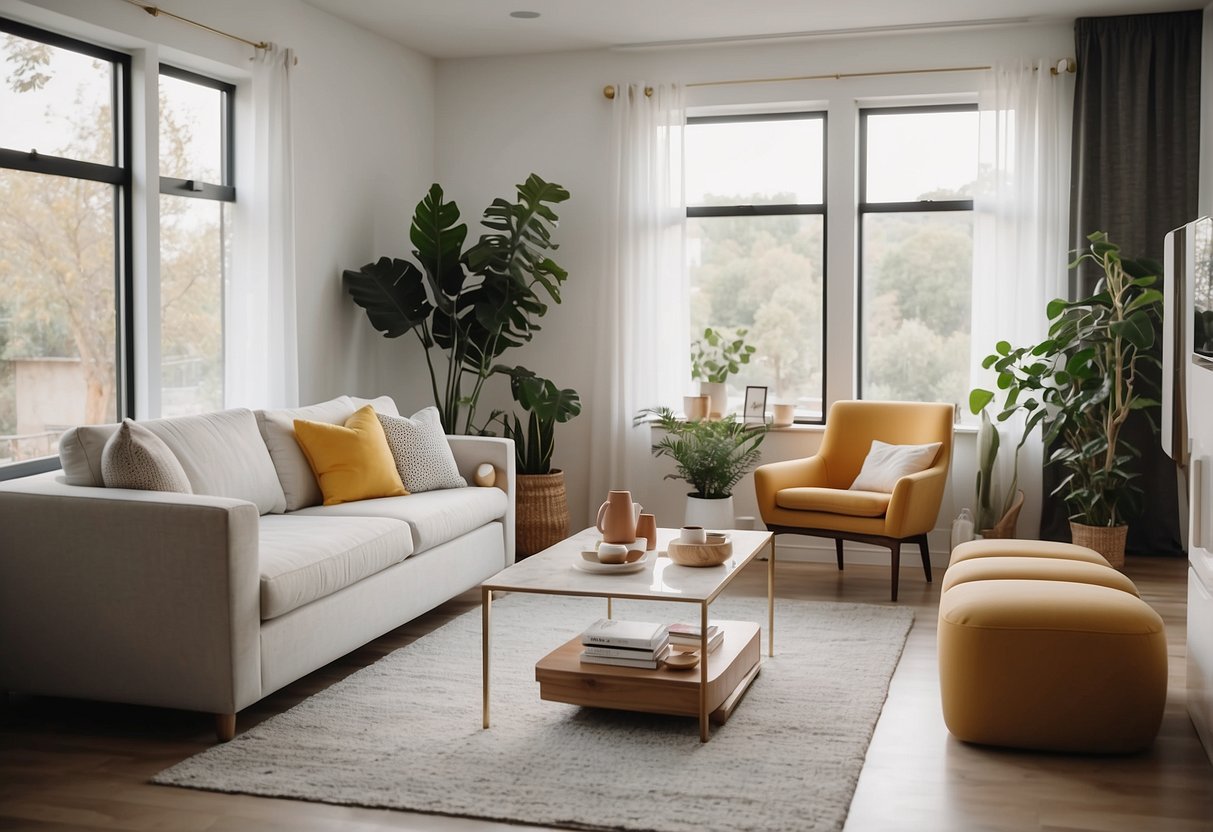 A bright, modern living room featuring sleek IKEA furniture, with a cozy reading nook and a minimalist dining area
