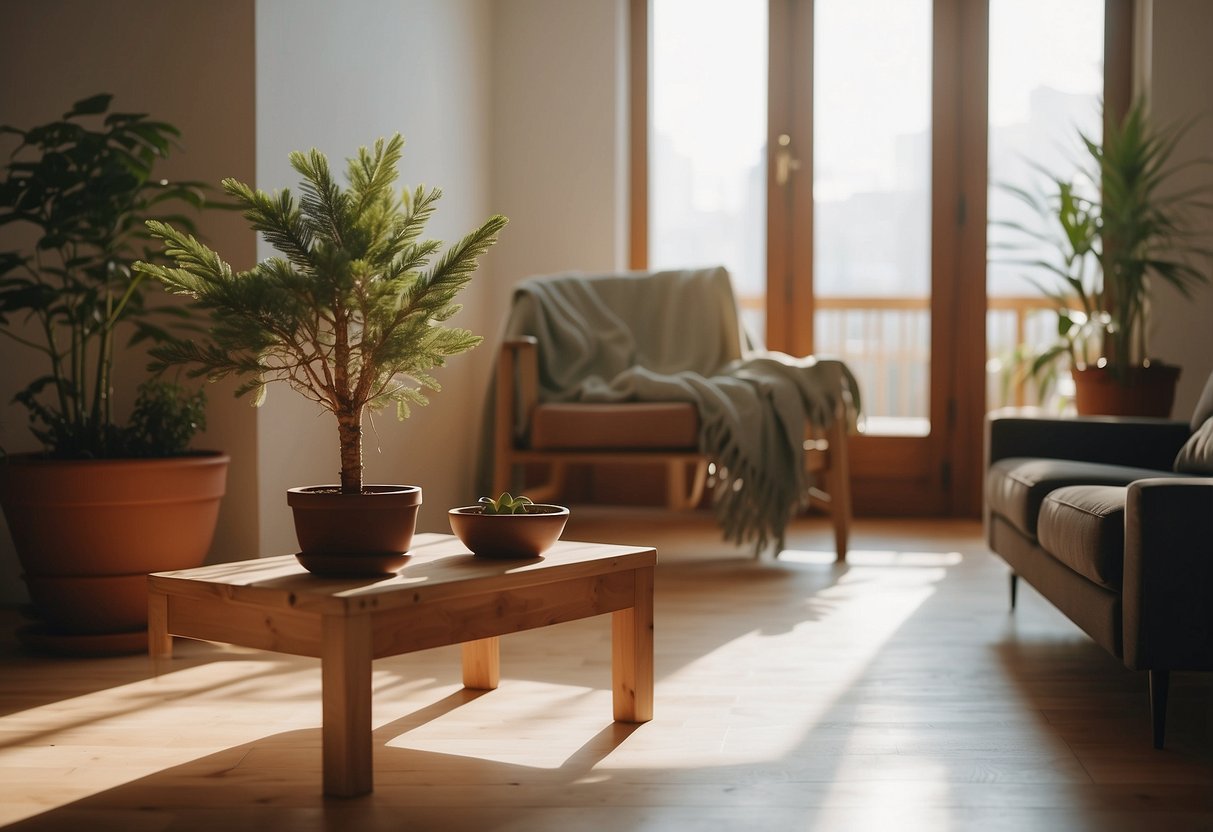 A cozy living room with natural pine furniture, sunlight streaming through the window, and a potted plant on the side table
