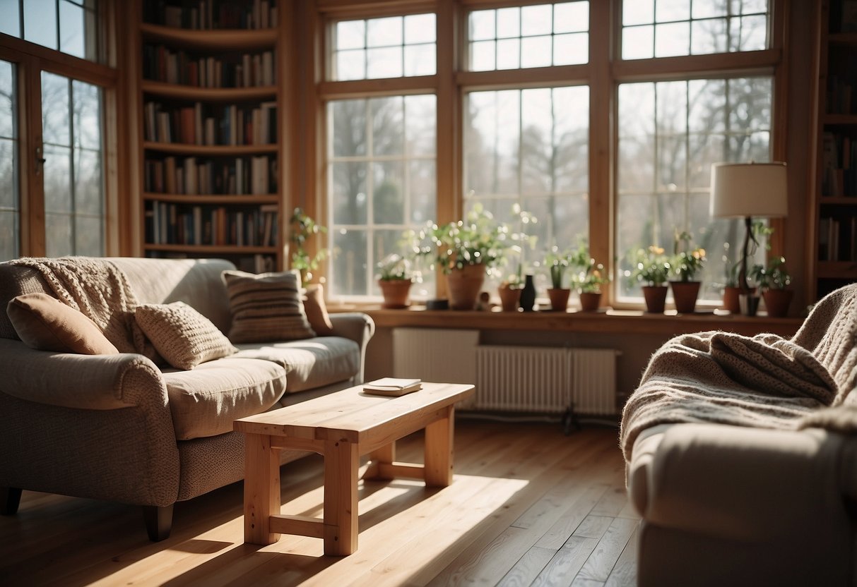 A cozy living room with natural pine furniture, including a sturdy coffee table, a bookshelf filled with books, and a comfortable armchair with a knitted throw draped over it. The room is bathed in warm, natural light from the large windows