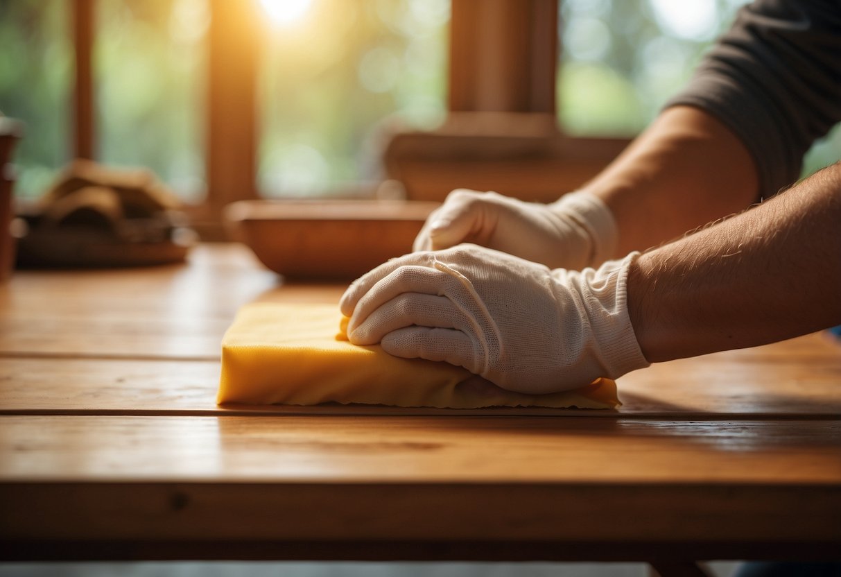 A person carefully dusts a natural pine table with a soft cloth, then applies a coat of protective wax, enhancing the wood's warm, honey-colored tones
