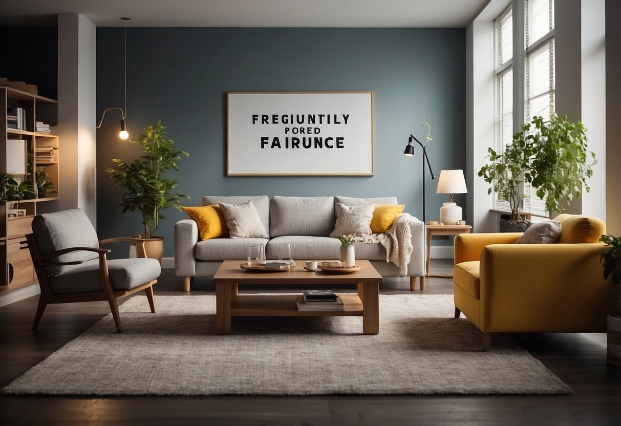 A room with various ikea furniture pieces arranged neatly, with a sign or banner reading "Frequently Asked Questions" in the background