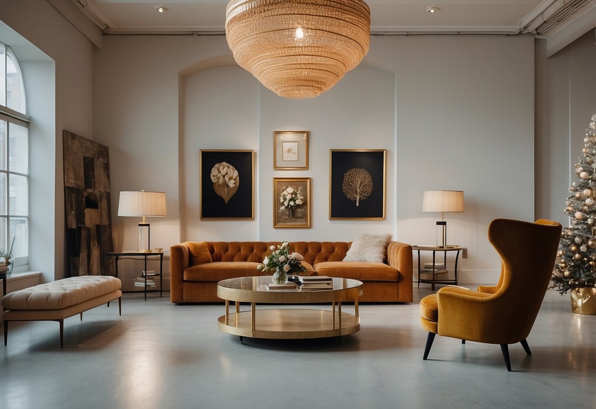 A spacious, well-lit gallery filled with modern and classic furniture pieces arranged in an inviting and stylish manner. Rich textures and vibrant colors create a warm and welcoming atmosphere