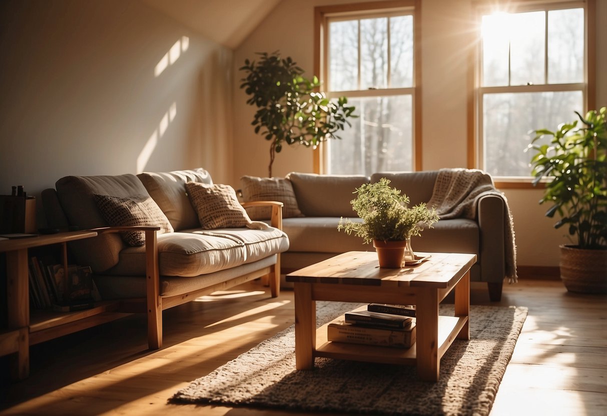 A cozy living room with a natural pine coffee table, bookshelf, and chair. Sunlight streams through the window, casting warm shadows on the furniture