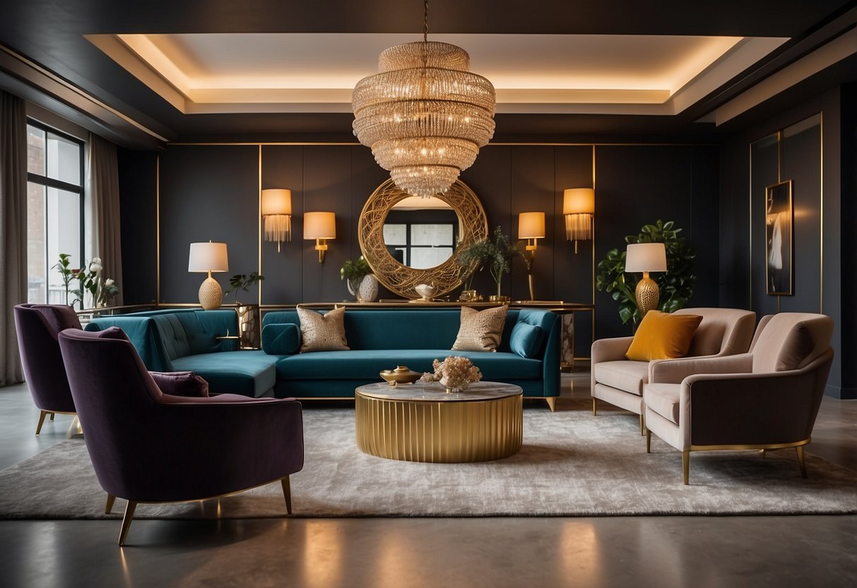 A luxurious furniture gallery with elegant displays and exclusive offers. Rich colors and modern designs create a sophisticated atmosphere