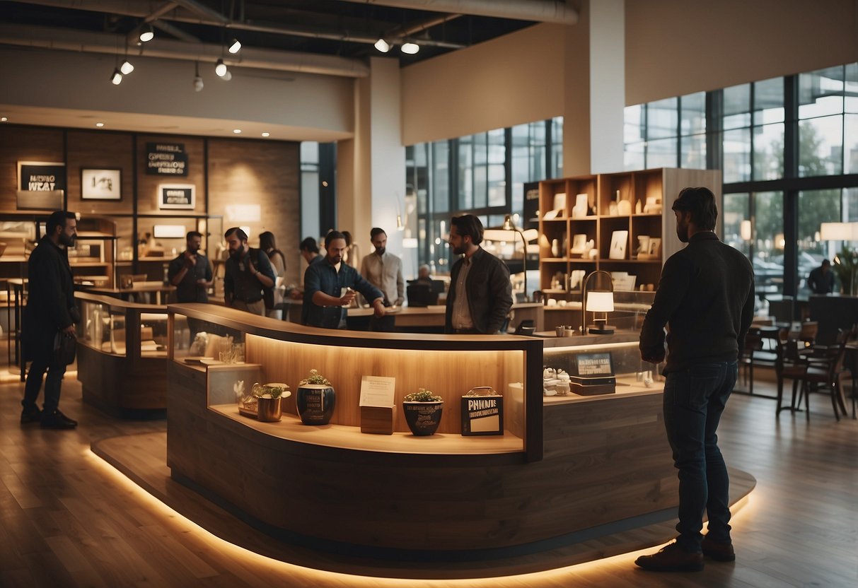 A busy furniture gallery with customers browsing, staff assisting, and a sign reading "Frequently Asked Questions" prominently displayed