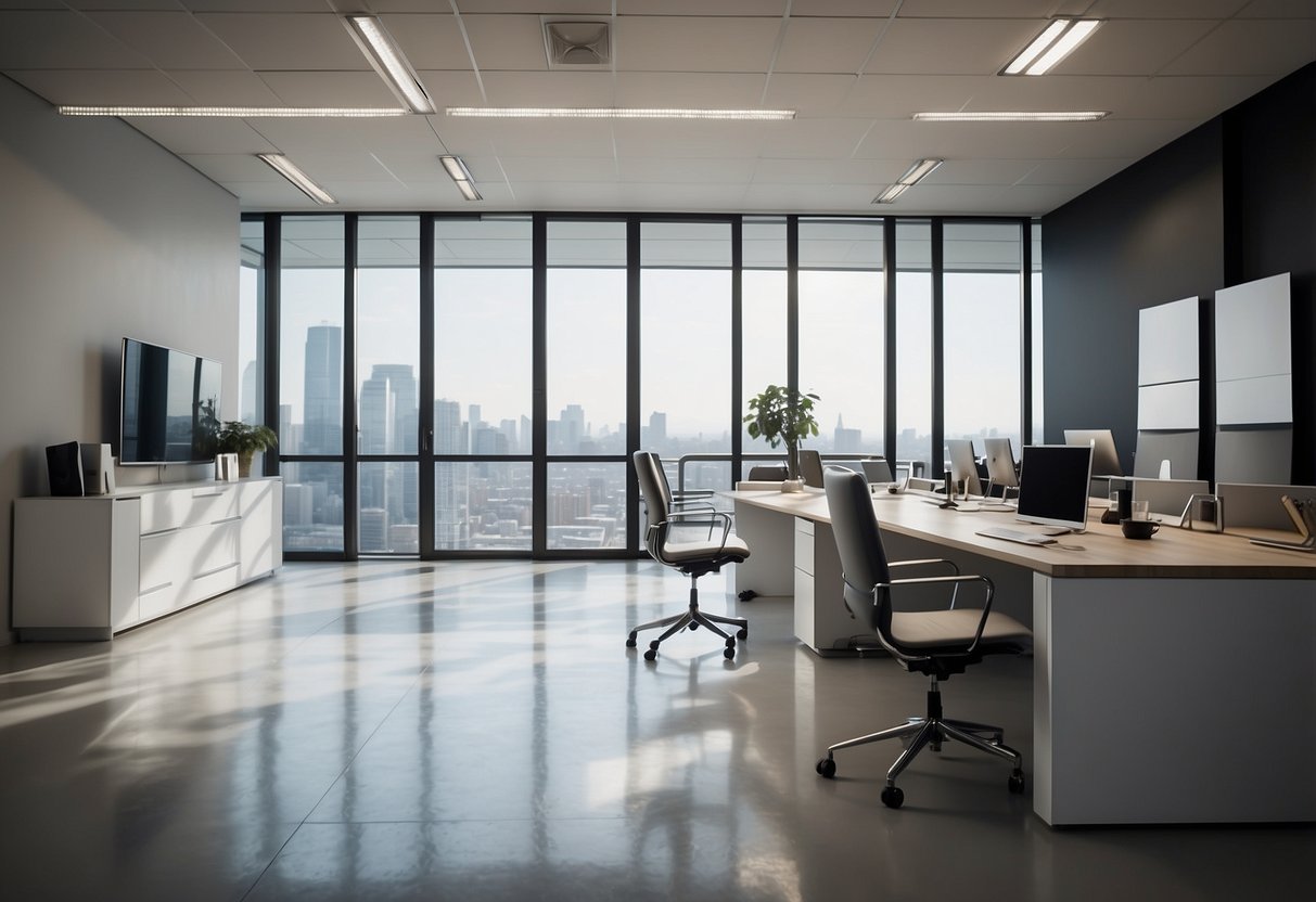 A modern office with sleek, minimalist furniture arranged in a spacious, well-lit room. A sign with the company's logo hangs on the wall