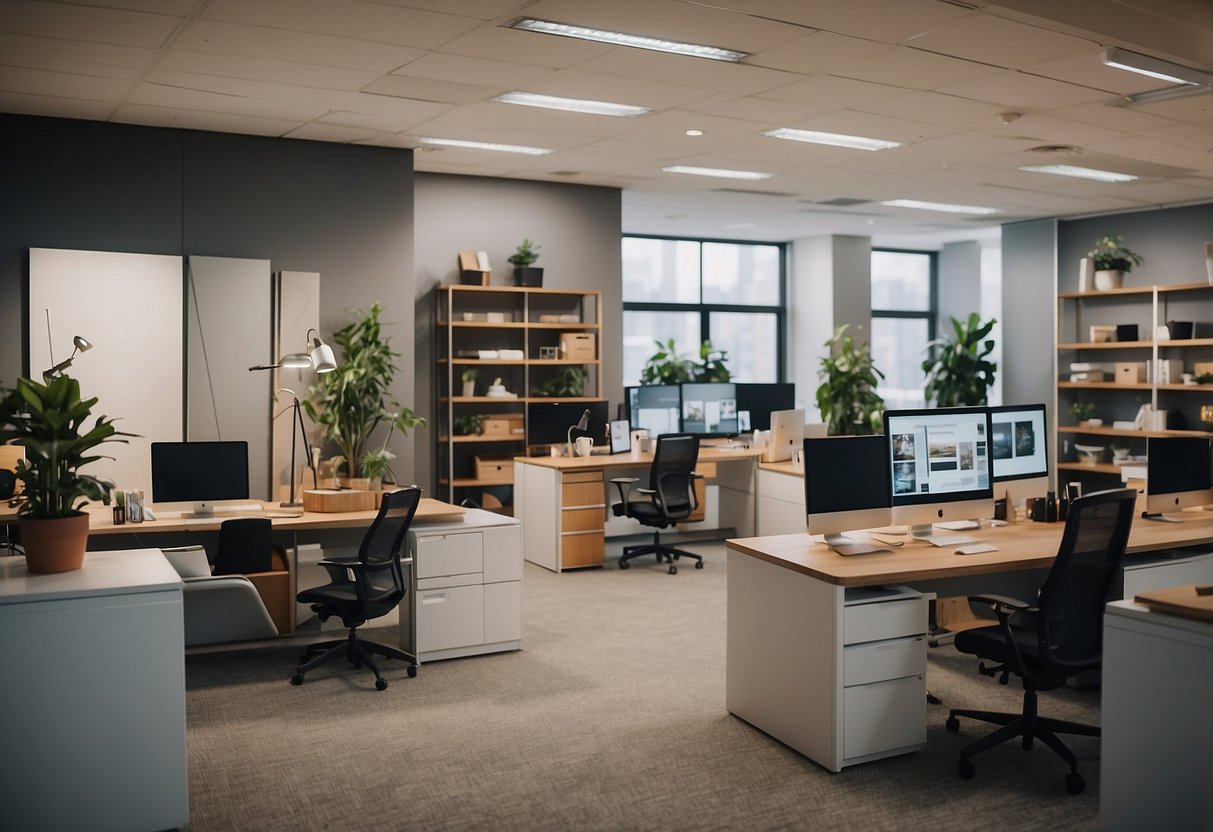 A bustling office with employees setting up and arranging furniture in a modern, minimalist space. Shelves stocked with stylish decor and a logo displayed prominently