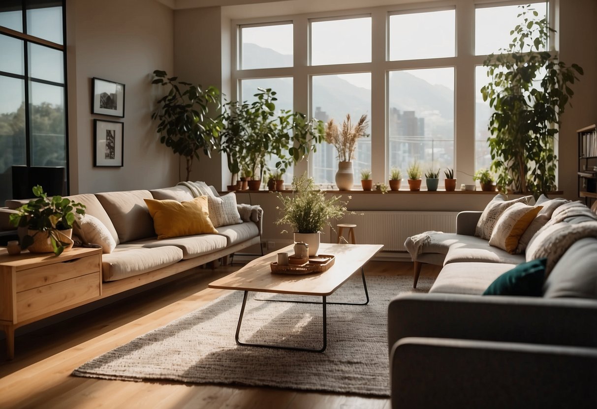 A cozy living room with rented furniture, a stylish sofa, coffee table, and vibrant decor. Light streams in through the window, creating a warm and inviting atmosphere