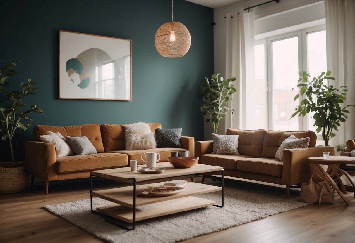A living room with stylish rented furniture, a happy couple enjoying the convenience. However, a pile of rental bills sits on the coffee table