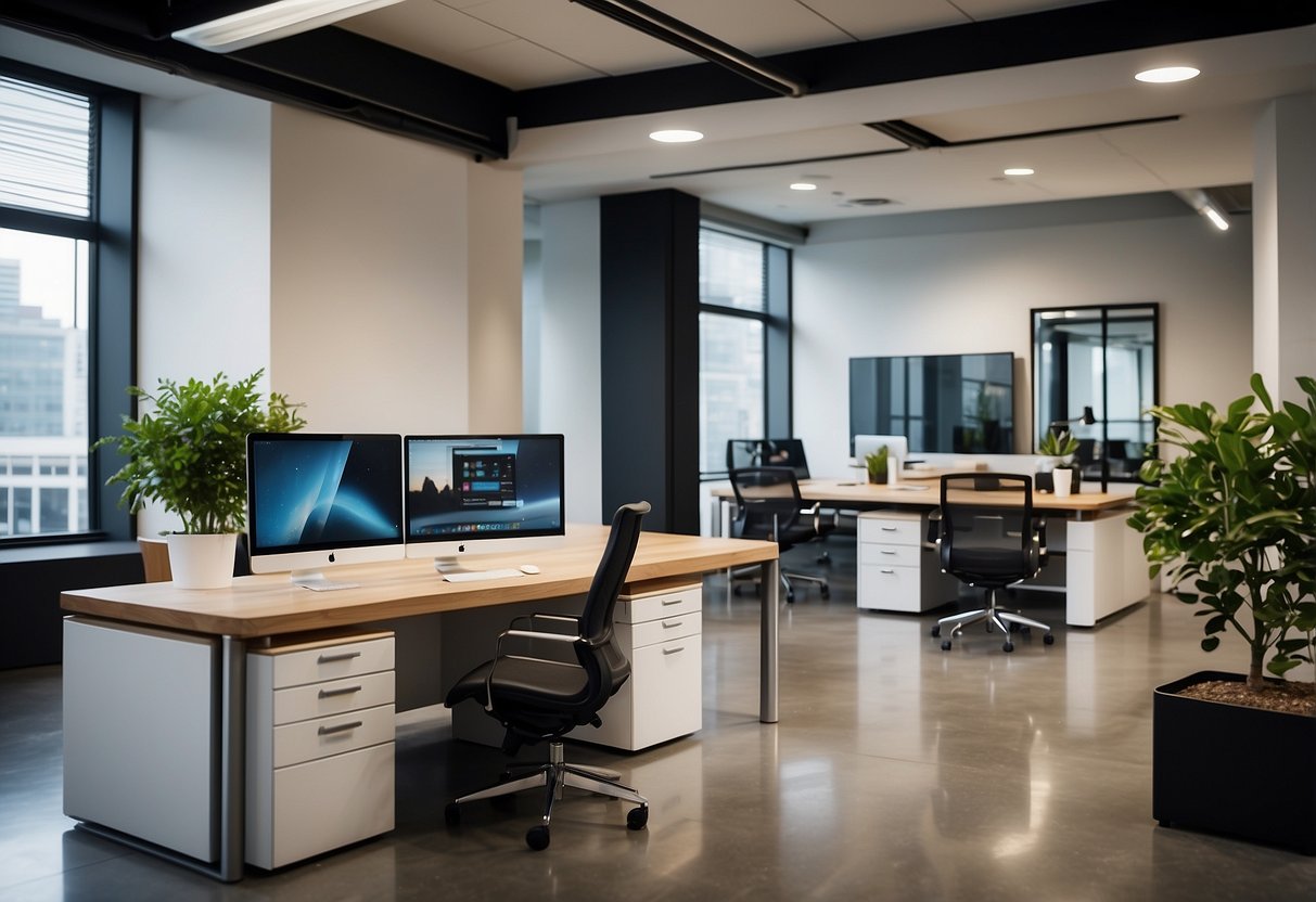 A modern office space with sleek, ergonomic furniture arranged in a functional and stylish manner, showcasing the offerings of Operational Essentials furniture rental startup