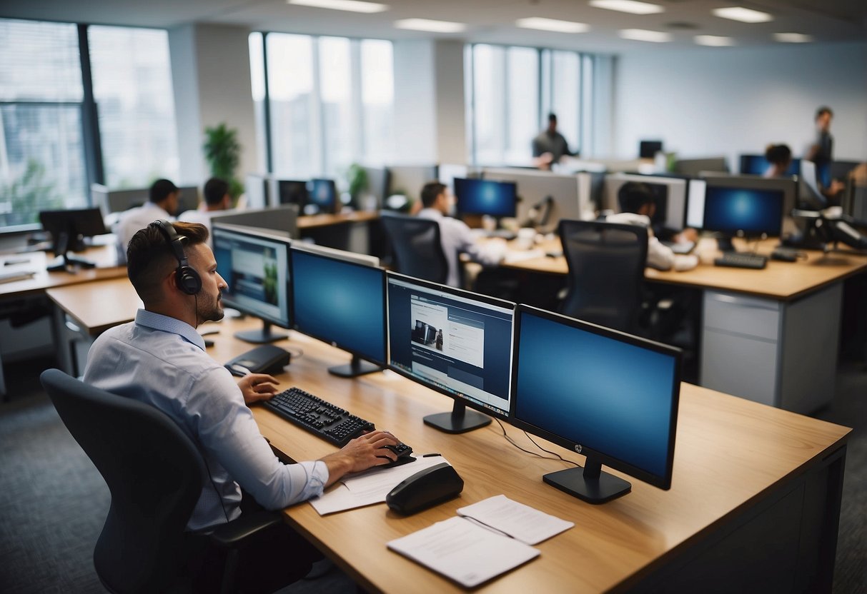 A bustling office with employees fielding calls and emails, while others are busy arranging and delivering furniture to various locations
