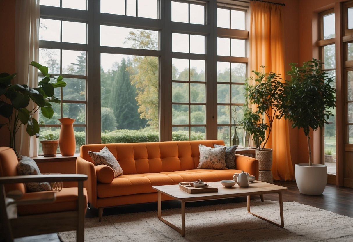 A living room with orange furniture and a large window overlooking a garden