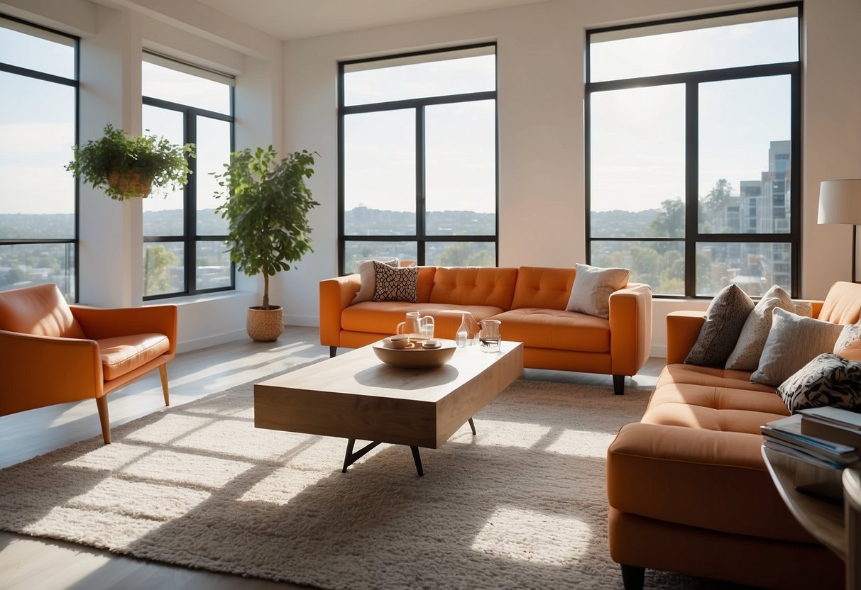 A modern living room with sleek orange furniture, a cozy sofa, and a stylish coffee table. Bright natural light streams in through large windows, illuminating the space