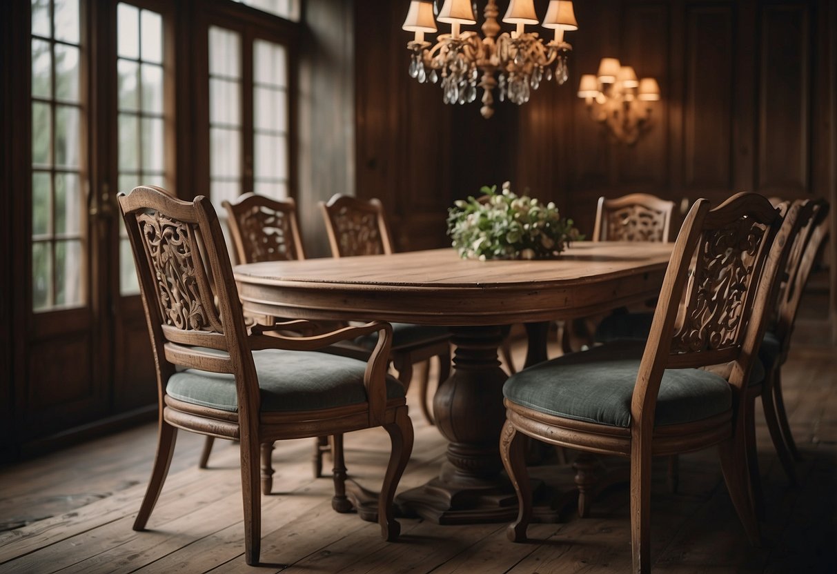 A cozy room with worn, ornate chairs and a weathered wooden table. The furniture exudes a timeless elegance, with intricate carvings and rich, warm tones