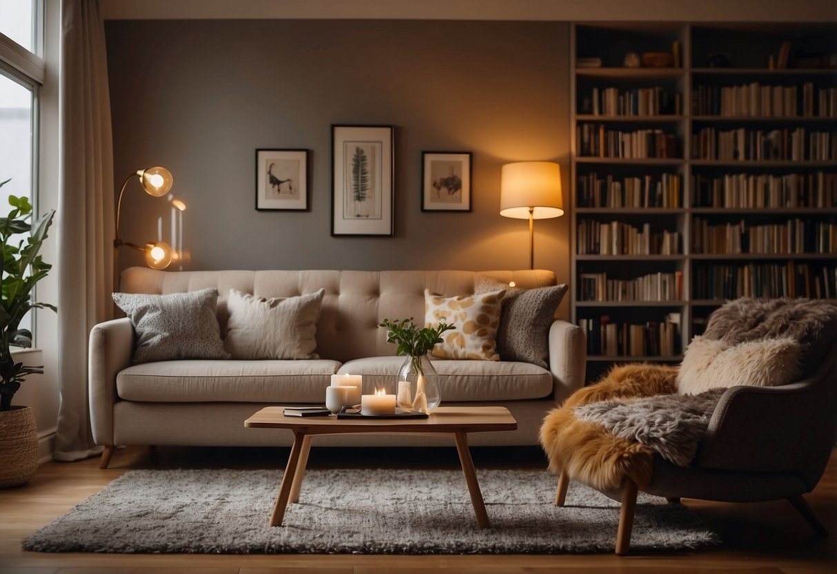 A cozy living room with a plush sofa, coffee table, and a bookshelf filled with books. A soft rug covers the floor, and a warm lamp illuminates the space