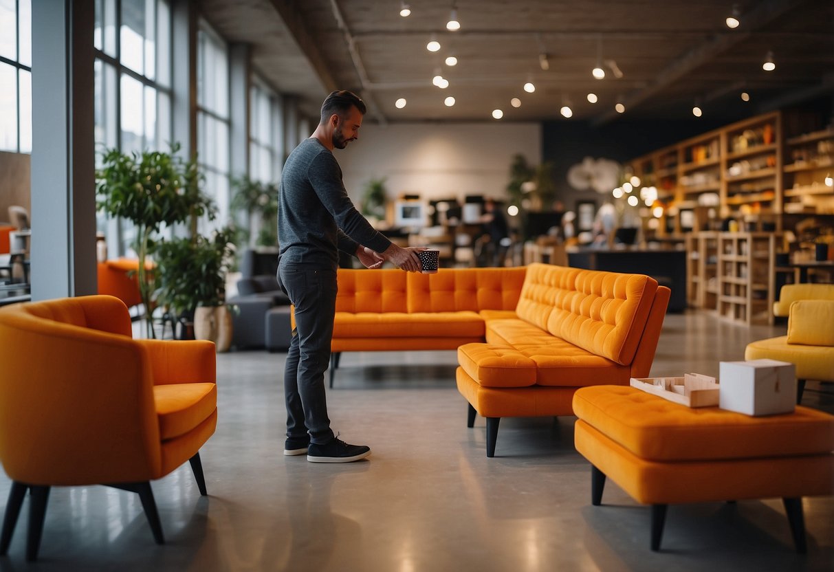 A customer buys orange furniture at a store. Later, they assemble and clean the pieces at home