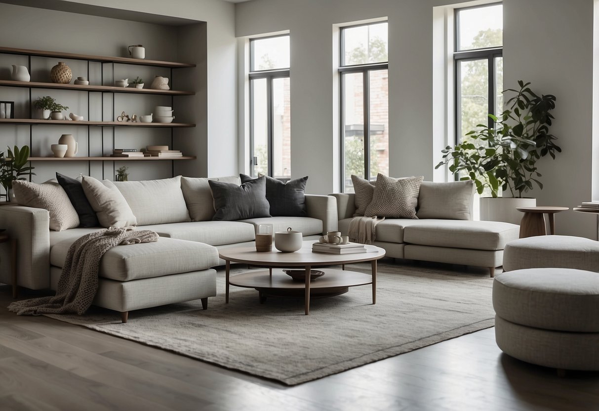 A modern living room with sleek, minimalist furniture. Clean lines, neutral colors, and a sense of spaciousness
