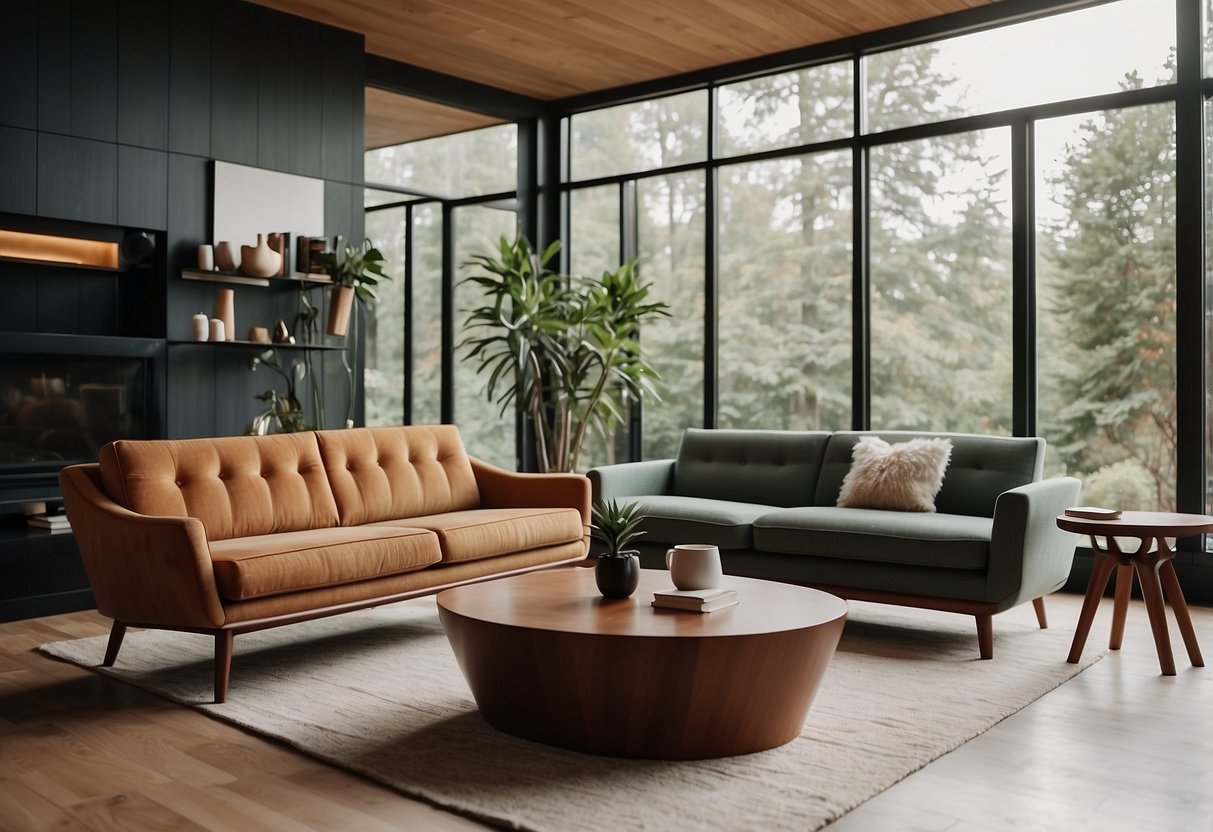 A living room with mid century modern furniture, clean lines, and organic shapes. A sleek sofa, a low coffee table, and a statement armchair