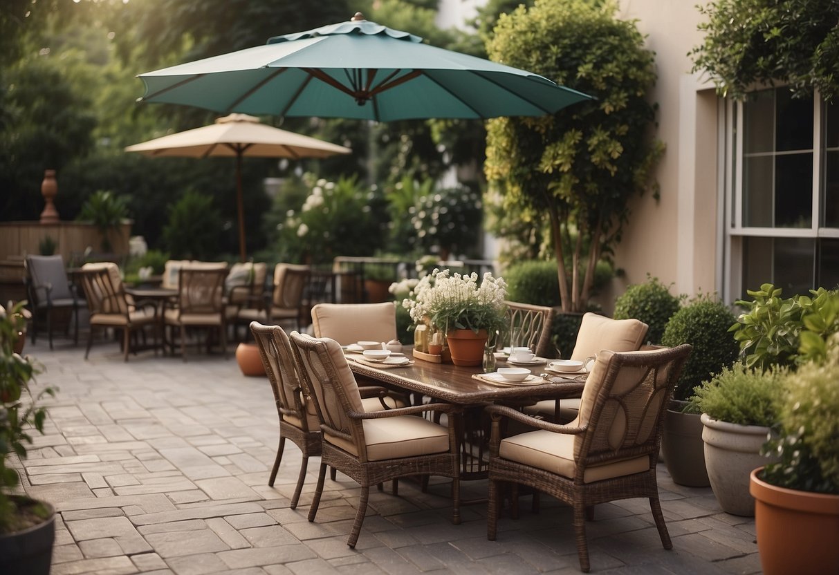 Outdoor furniture arranged on a patio with a table, chairs, umbrella, and potted plants
