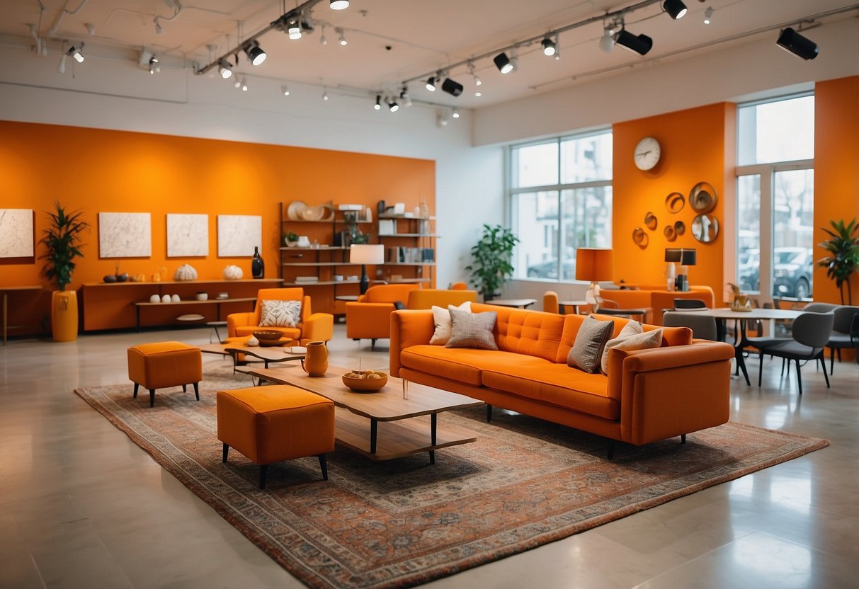 An inviting showroom with vibrant orange furniture arranged in an organized and appealing display