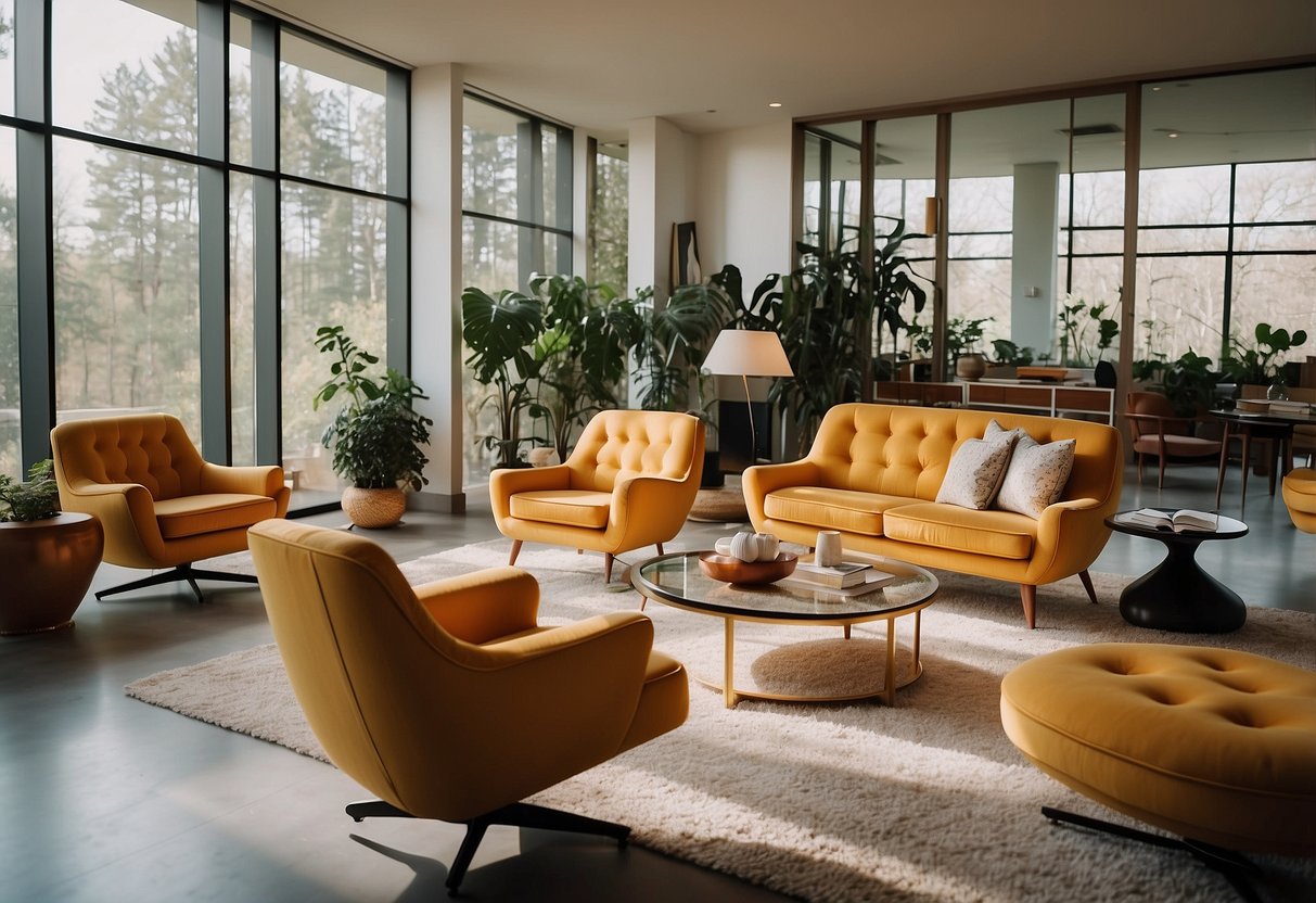 A room filled with iconic mid-century modern furniture, featuring clean lines, organic curves, and bold colors, creating a sleek and timeless aesthetic