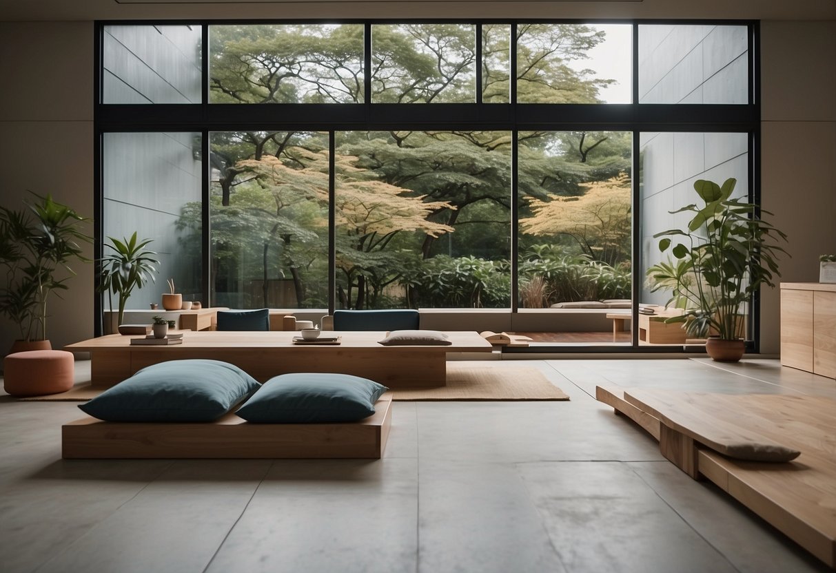 A modern Japanese office with low desks, floor cushions, and sliding doors. Minimalist decor and natural materials create a serene atmosphere